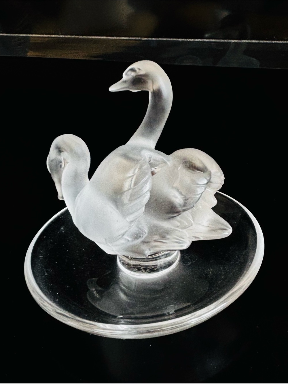 Signed Lalique Frosted Crystal Swan Pair Accent